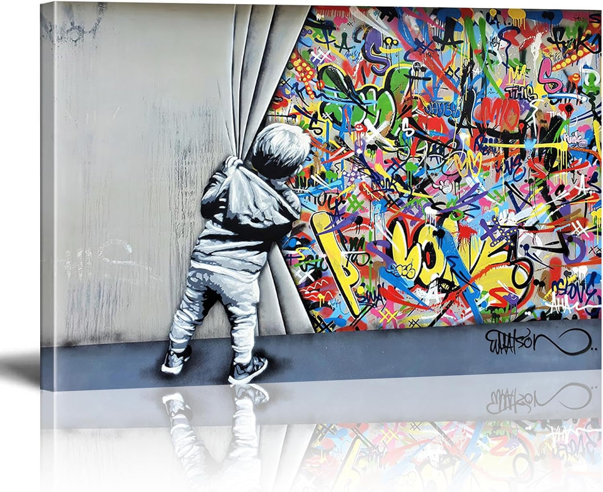 Banksy Canvas Wall Art Pop Street Graffiti Wall Art Decor Cool Poster Paintings Colorful for Men Ready to Hang for Living Room Bedroom Home Bathroom Wall Decor 16X24In Framed