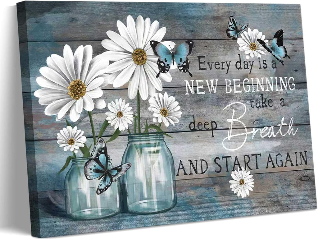 Daisy Canvas Wall Art Butterfly Wall Decor Inspirational Poster Print Flower Picture Painting Still Life Suitable for Country Farmhouse Bedroom Bathroom Rustic Wall Decoration (Blue, 36X24In Canvas)