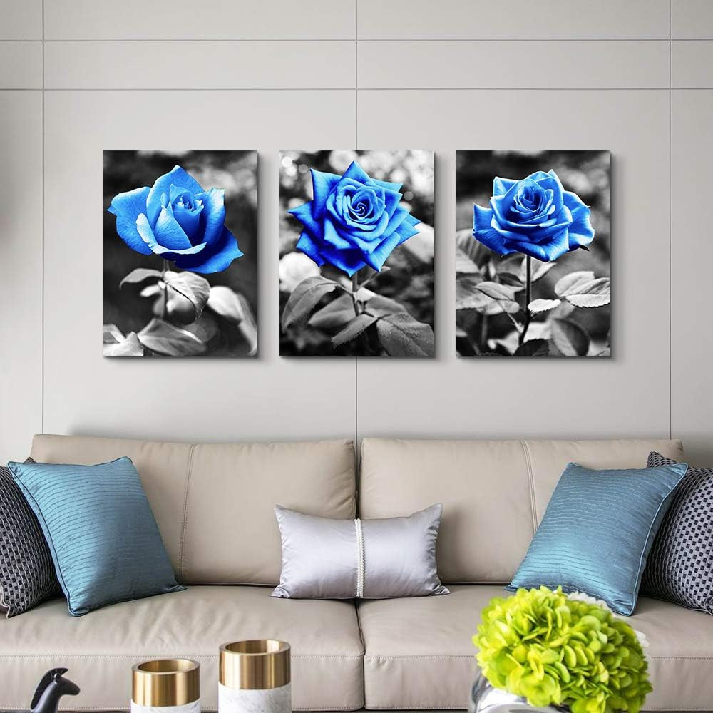 Bedroom Wall Art for Living Room Bathroom Wall Decor for Kitchen Family Pictures Artwork Black and White Blue Rose Flowers Canvas Paintings 16" X 24" 3 Pieces Framed Modern Office Home Decorations