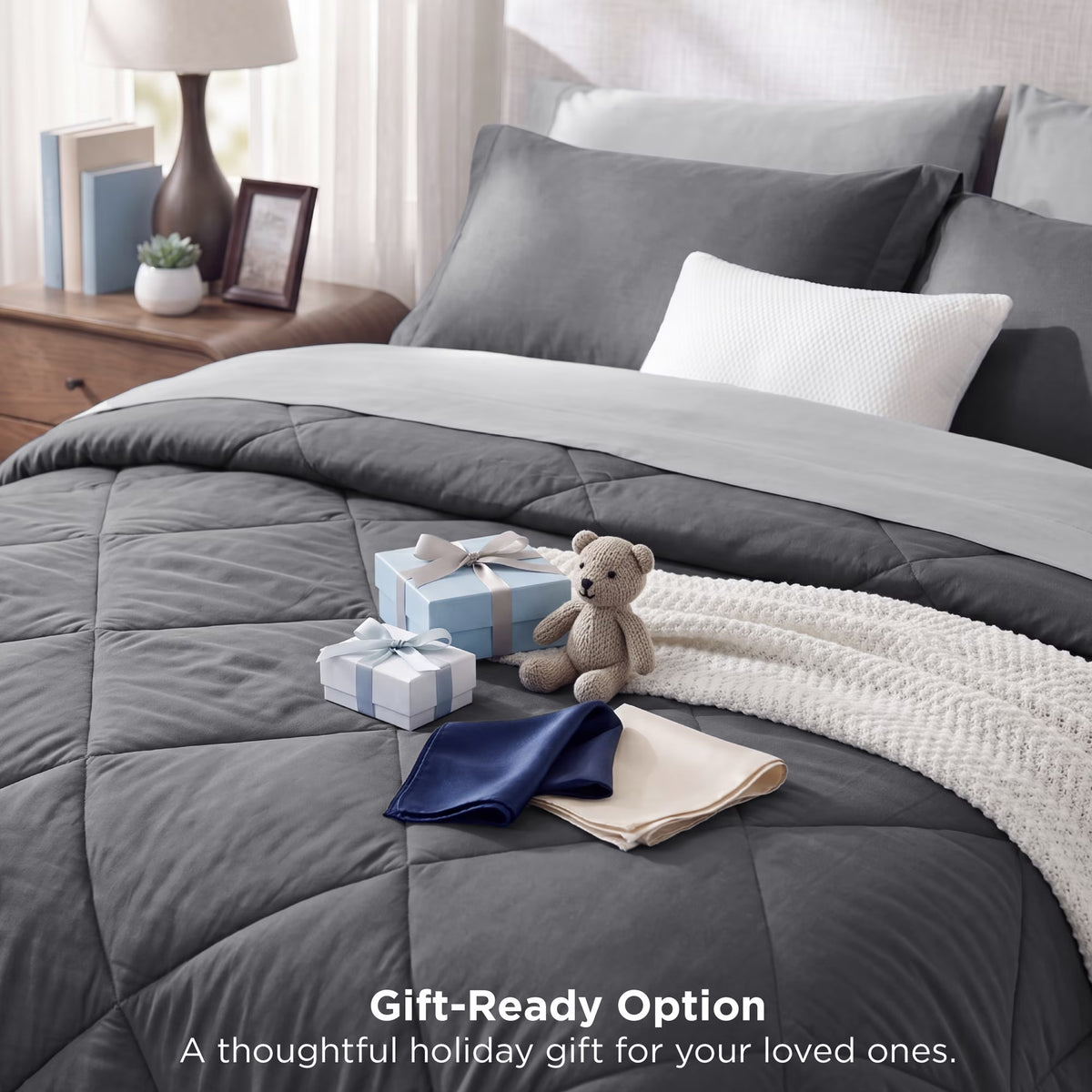 Queen Comforter Set,7 Pieces Bed in a Bag, Reversible Lightweight Bedding Set, Gray