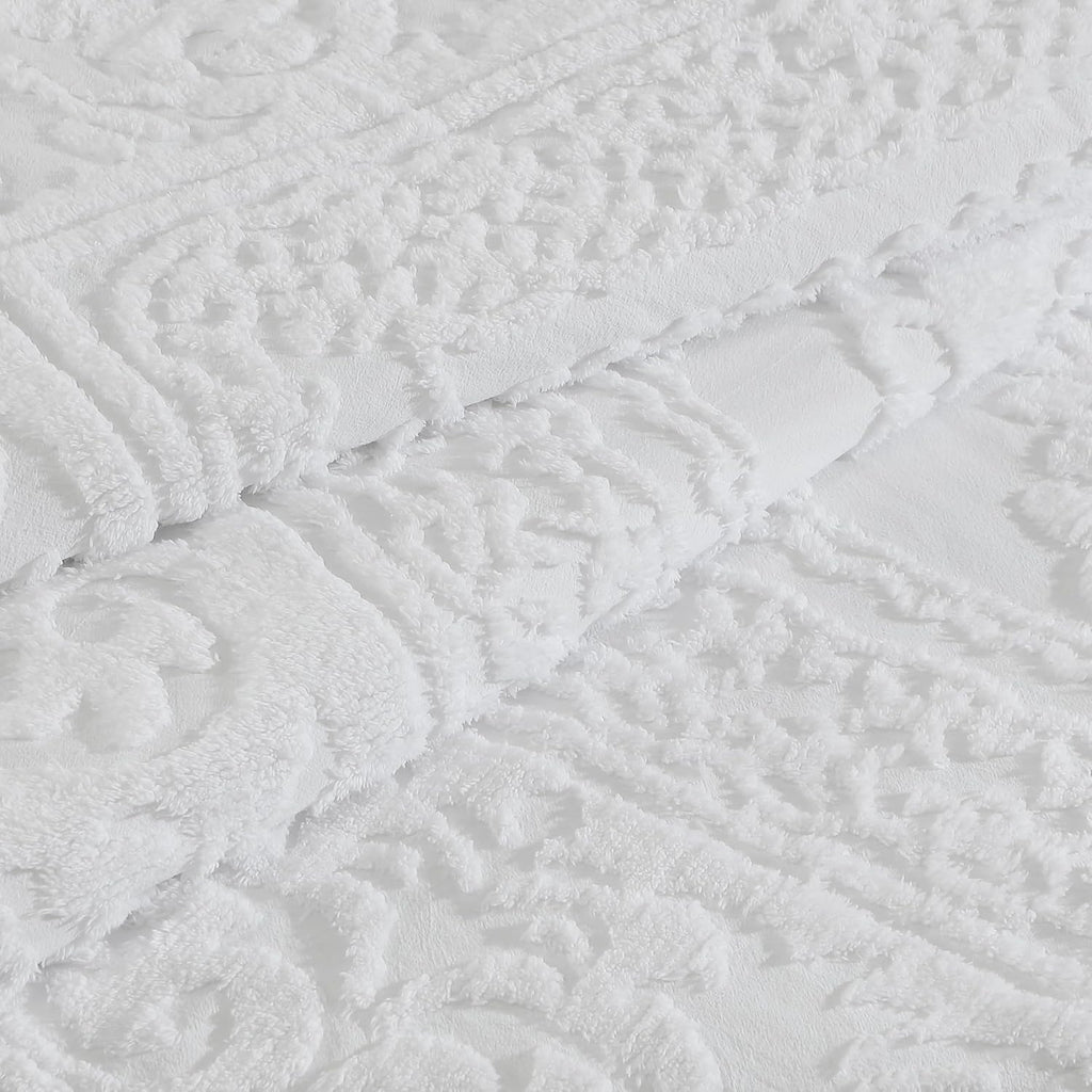 Medallion Tufted Chenille Comforter 3-Piece Set, Cotton, All Season Cozy Bedding, Queen, White