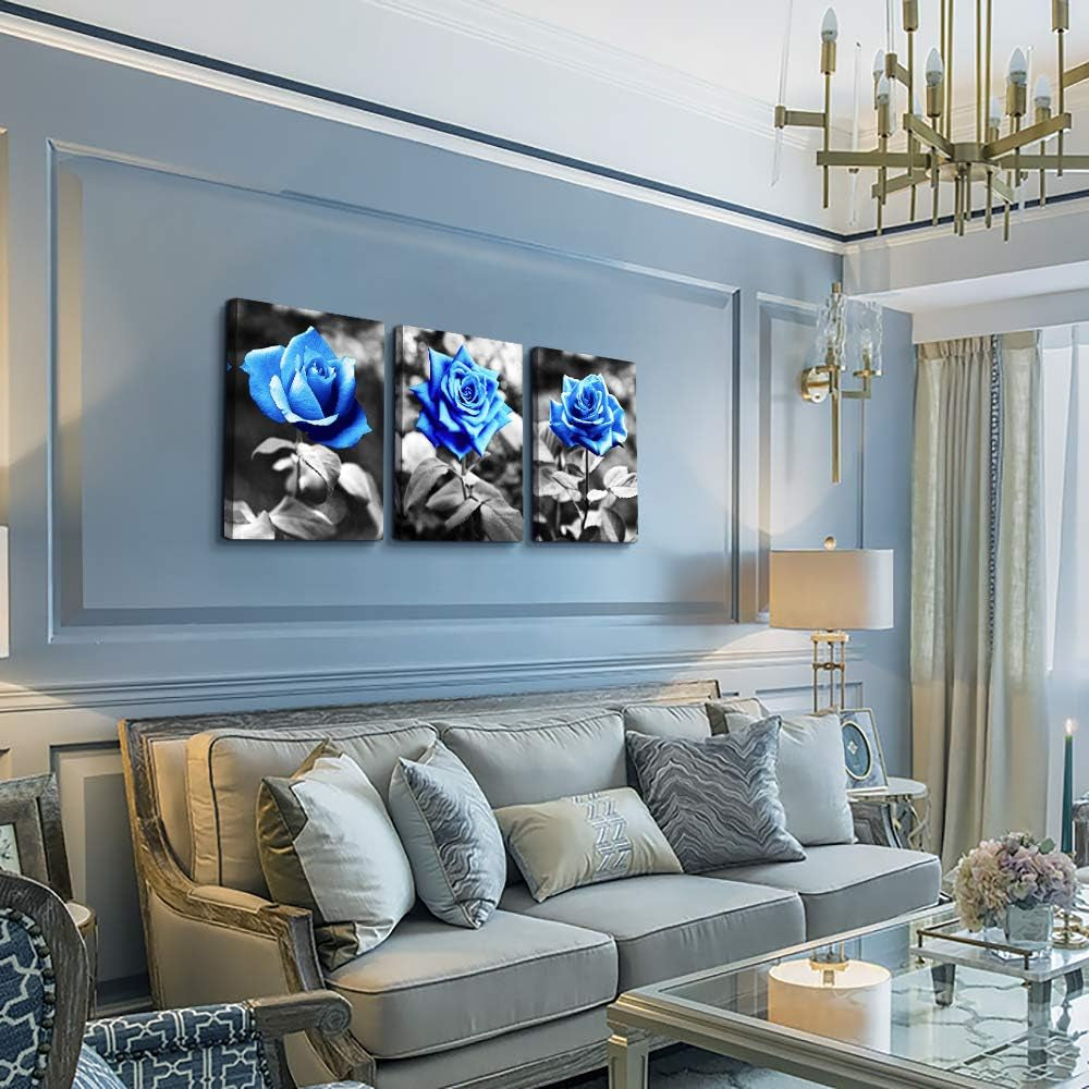 Bedroom Wall Art for Living Room Bathroom Wall Decor for Kitchen Family Pictures Artwork Black and White Blue Rose Flowers Canvas Paintings 16" X 24" 3 Pieces Framed Modern Office Home Decorations