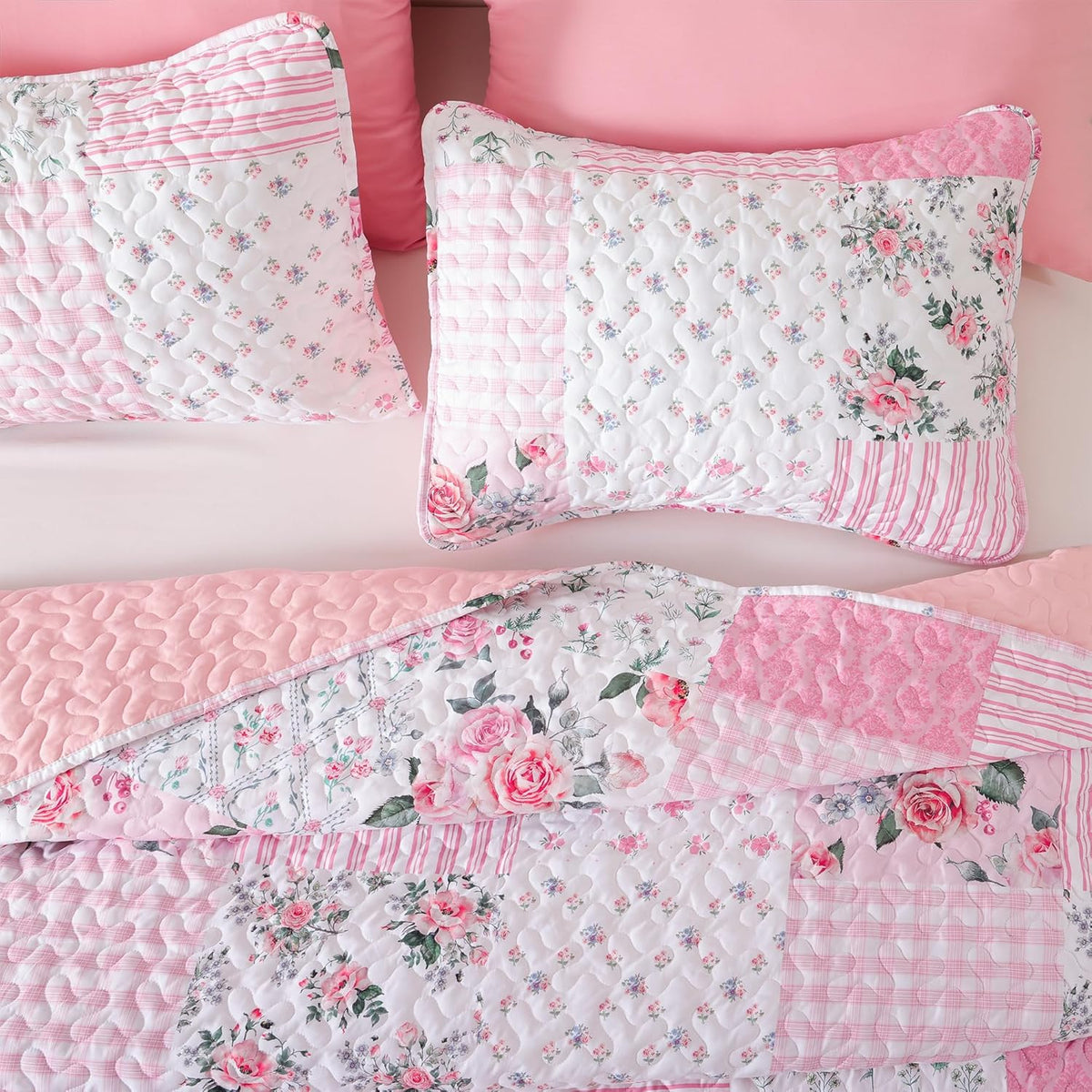 Floral Quilt Set Twin Size – Ultra Soft Lightweight Bedspread, 2 Piece Pink Bedding Set (66"X90") with Pillowcases (20"X26"), All Season Coverlet for Bedroom & Guest Room