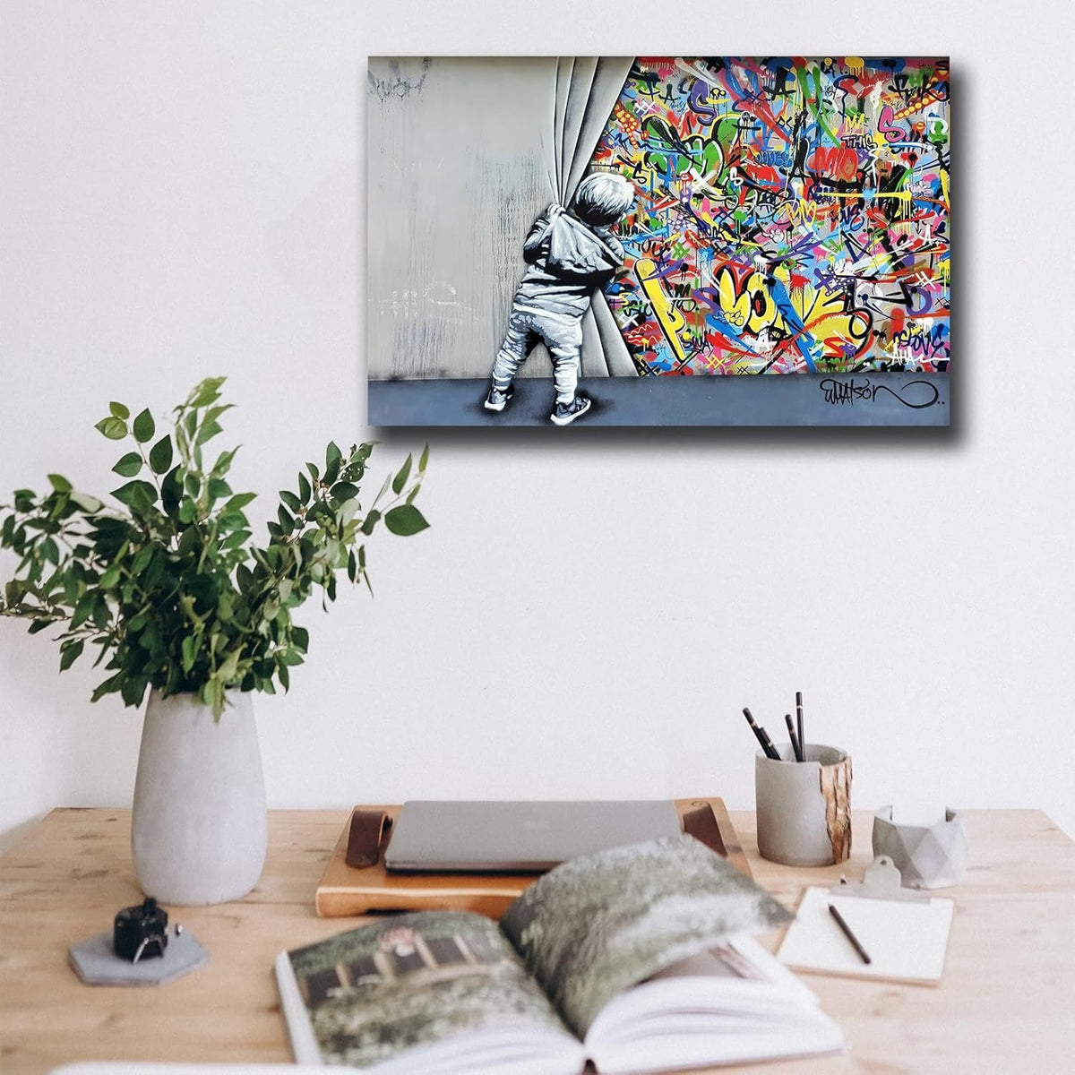 Banksy Canvas Wall Art Pop Street Graffiti Wall Art Decor Cool Poster Paintings Colorful for Men Ready to Hang for Living Room Bedroom Home Bathroom Wall Decor 16X24In Framed