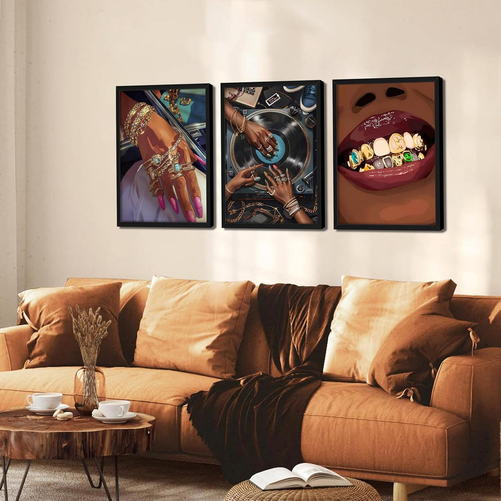 Black Girl Wall Art Set of 3, African American Black Woman Wall Decor, Fashion Abstract Women Posters Prints Pictures for Bedroom Bathroom Living Room Wood Framed 16X24 Inch