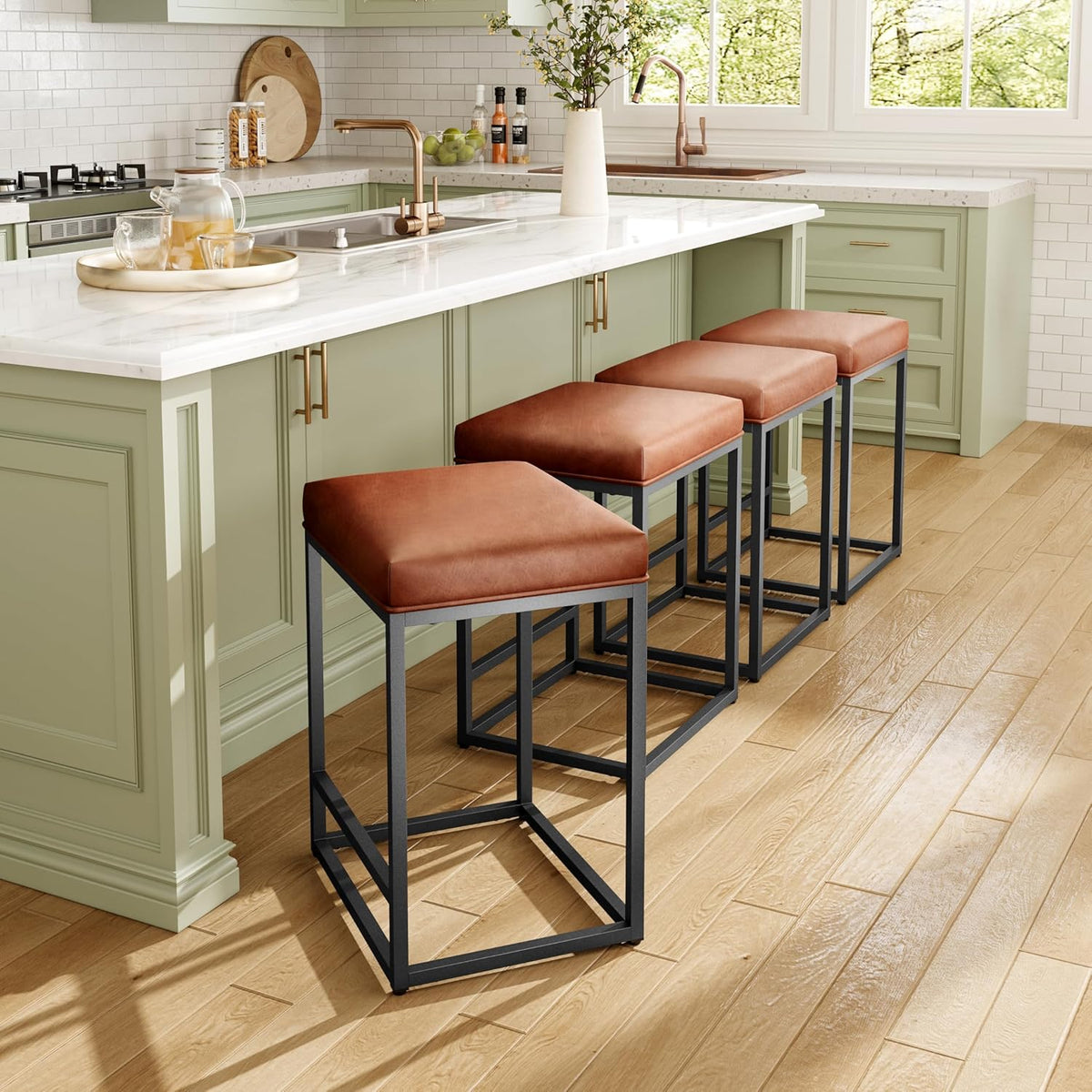 Counter Height 24" Bar Stools Set of 2 for Kitchen Counter Backless Modern Barstools Industrial Upholstered Faux Leather Stools Farmhouse Island Chairs, (24 Inch, Brown)