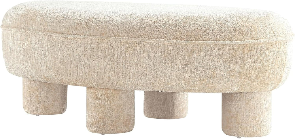 Tribeca 45.5" Mid-Century Modern Accent Ottoman in Chenille Upholstery, Fully Assembled Living Room Seating or Foot Rest with Chunky Cylinder Legs, Cream