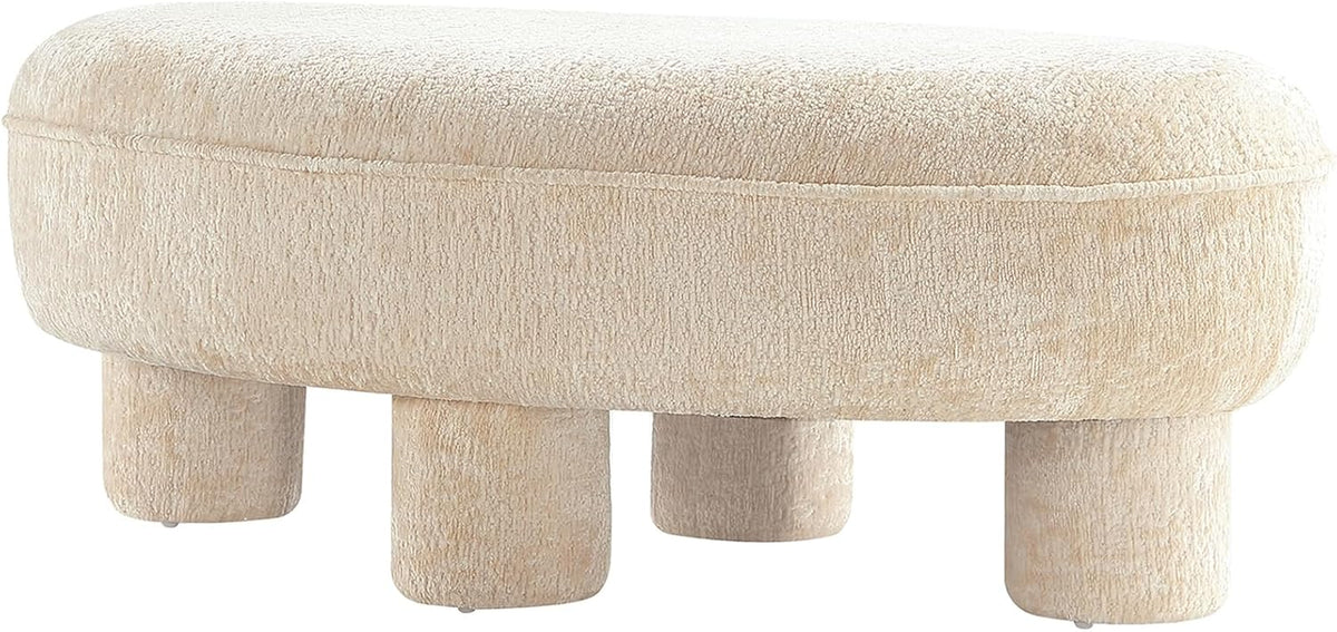 Tribeca 45.5" Mid-Century Modern Accent Ottoman in Chenille Upholstery, Fully Assembled Living Room Seating or Foot Rest with Chunky Cylinder Legs, Cream