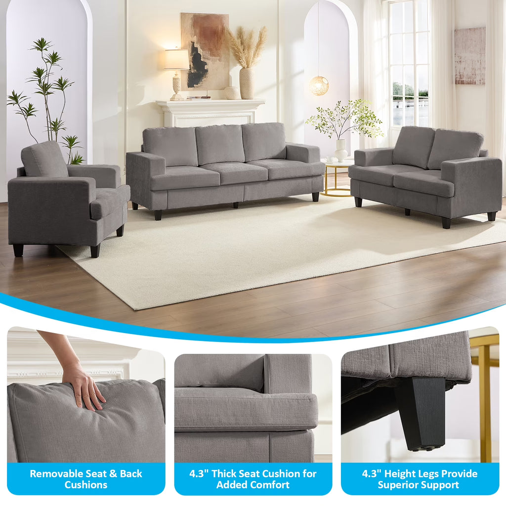 3 Piece Living Room Furniture Sets, Modern Chenille Sofa Set for Living Room/Small Spaces, Sofa, Loveseat and Armchair, Light Gray