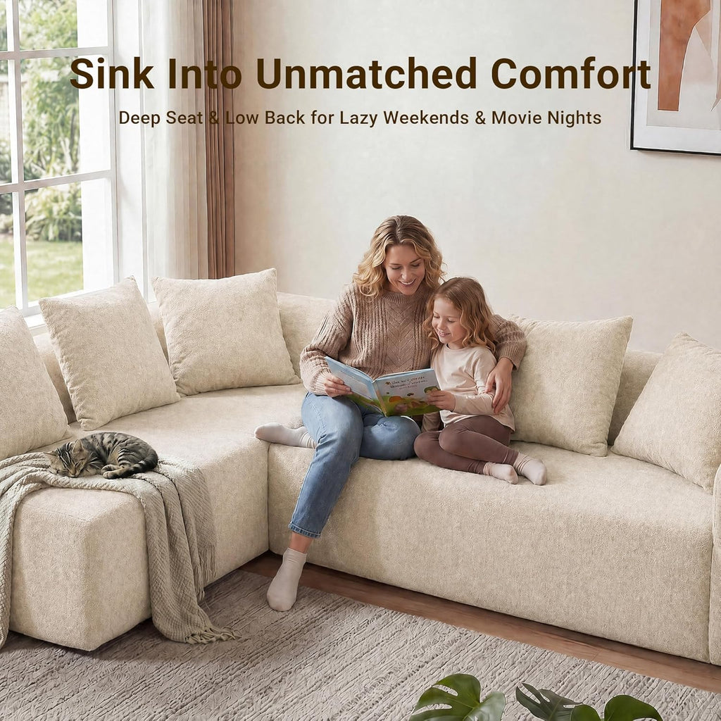 106" Cloud Boneless Couch, L-Shaped Sectional Sofa, Beige | Soft Knitted Fabric, Deep Seat Design, No Assembly Required,