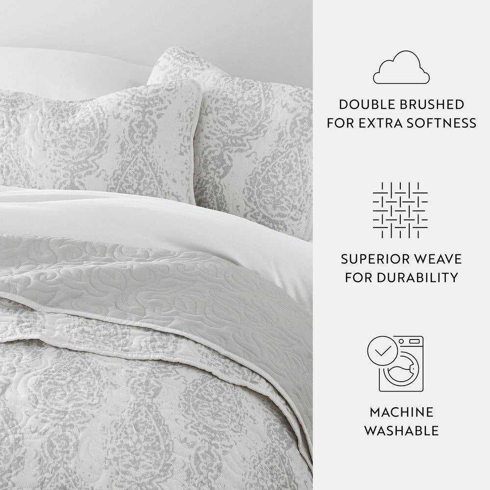 All Season 3-Pcs Distressed Damask Reversible Microfiber Quilt Set with Shams