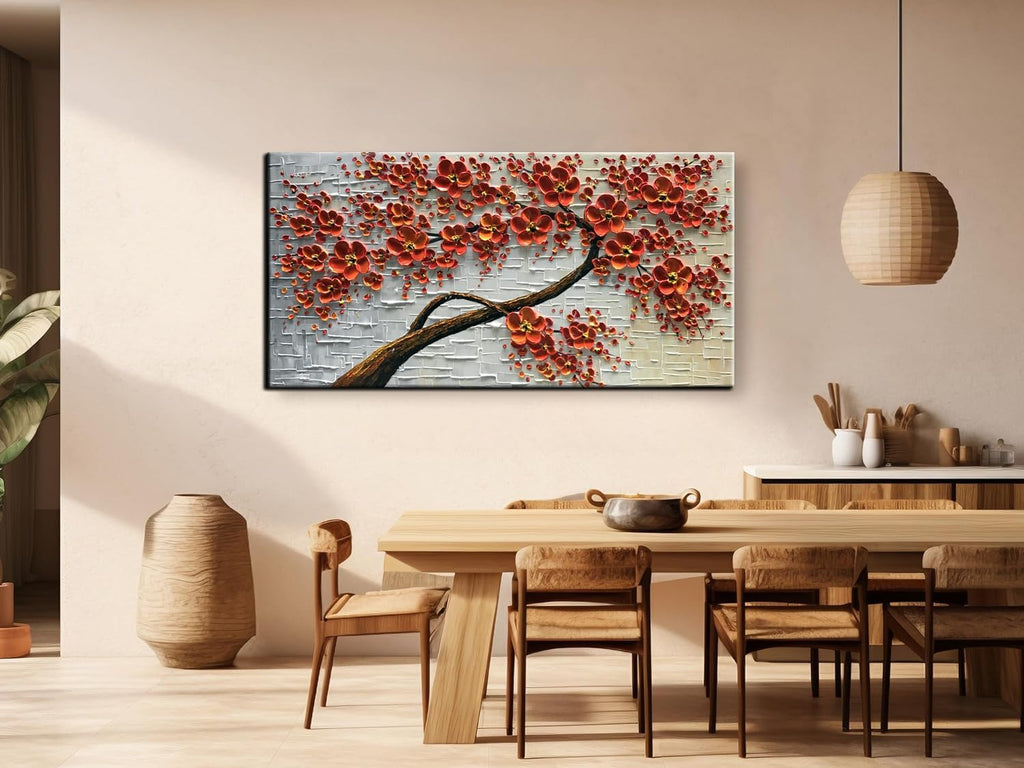 - 48X24Inch Canvas Wall Art, Hand Painted Oil Painting ,Abstract 3D Texture Wall Art Pictures, Red Floral Paintings, Modern Home Bedroom Wall Art Decor, Wall Art for Living Room, Large Framed Oil Painting.