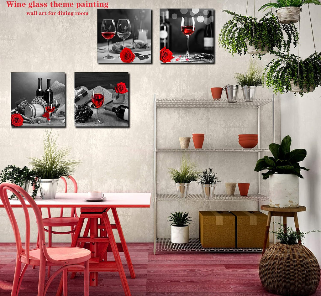 Large Kitchen Wall-Art - Red Wine Wall Art for Living Room - Modern Wall Decor for Dining Room Rose Artwork 4 Pieces Framed Canvas Art 20X20 Inches