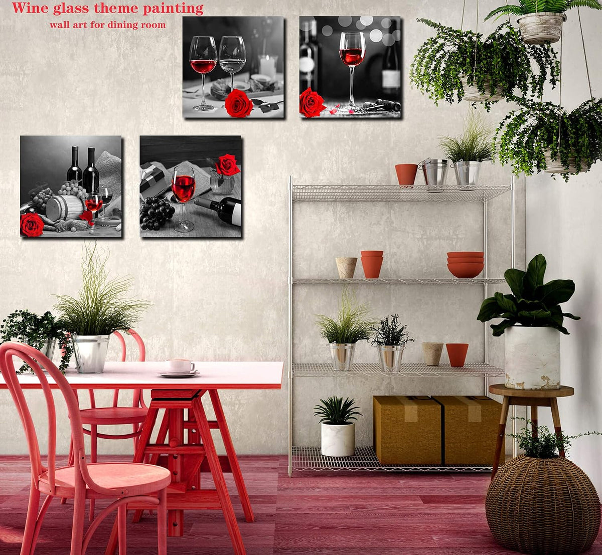 Large Kitchen Wall-Art - Red Wine Wall Art for Living Room - Modern Wall Decor for Dining Room Rose Artwork 4 Pieces Framed Canvas Art 20X20 Inches