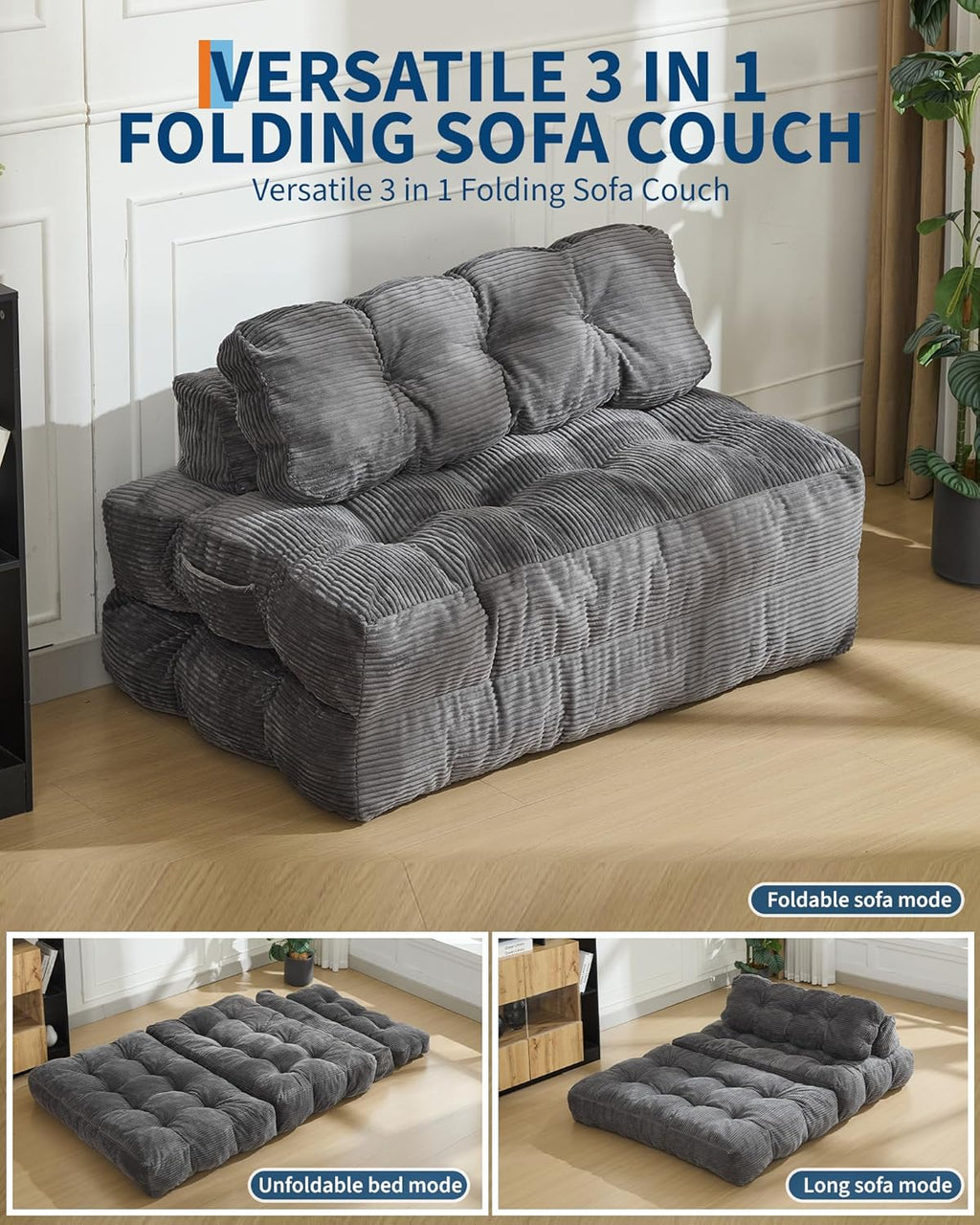 Folding Sofa Bed, Convertible Sofa Bed for 2 Person, Free Install Comforty Sleeper Sofa with Pillow, Compact and Versatile Sofa Couch for Guest Room, Portable Floor Lounge for Living Room, Dark Grey