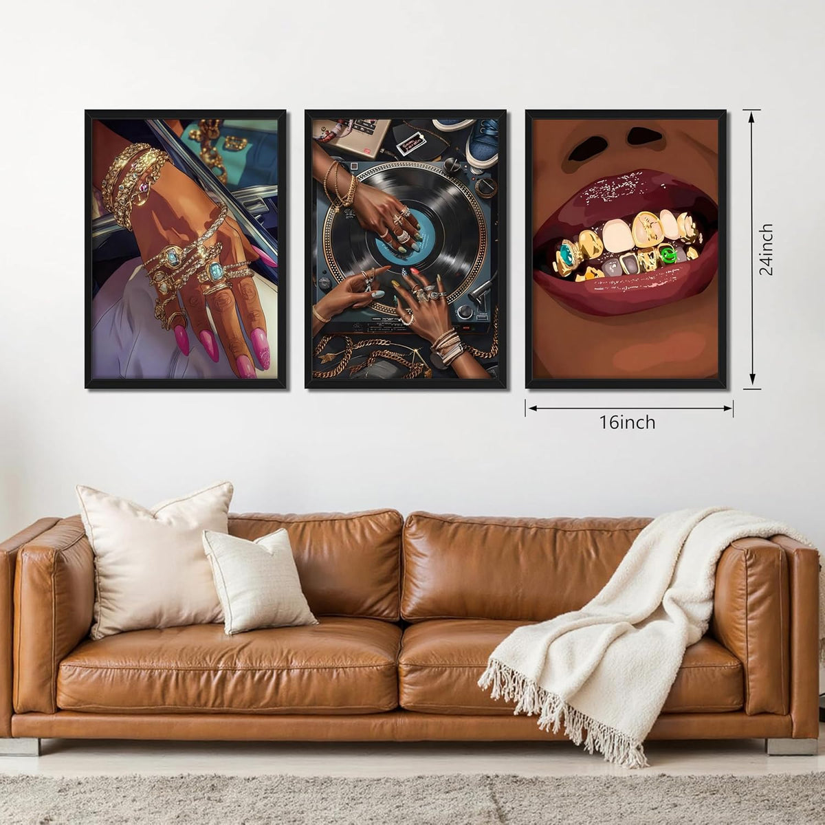 Black Girl Wall Art Set of 3, African American Black Woman Wall Decor, Fashion Abstract Women Posters Prints Pictures for Bedroom Bathroom Living Room Wood Framed 16X24 Inch