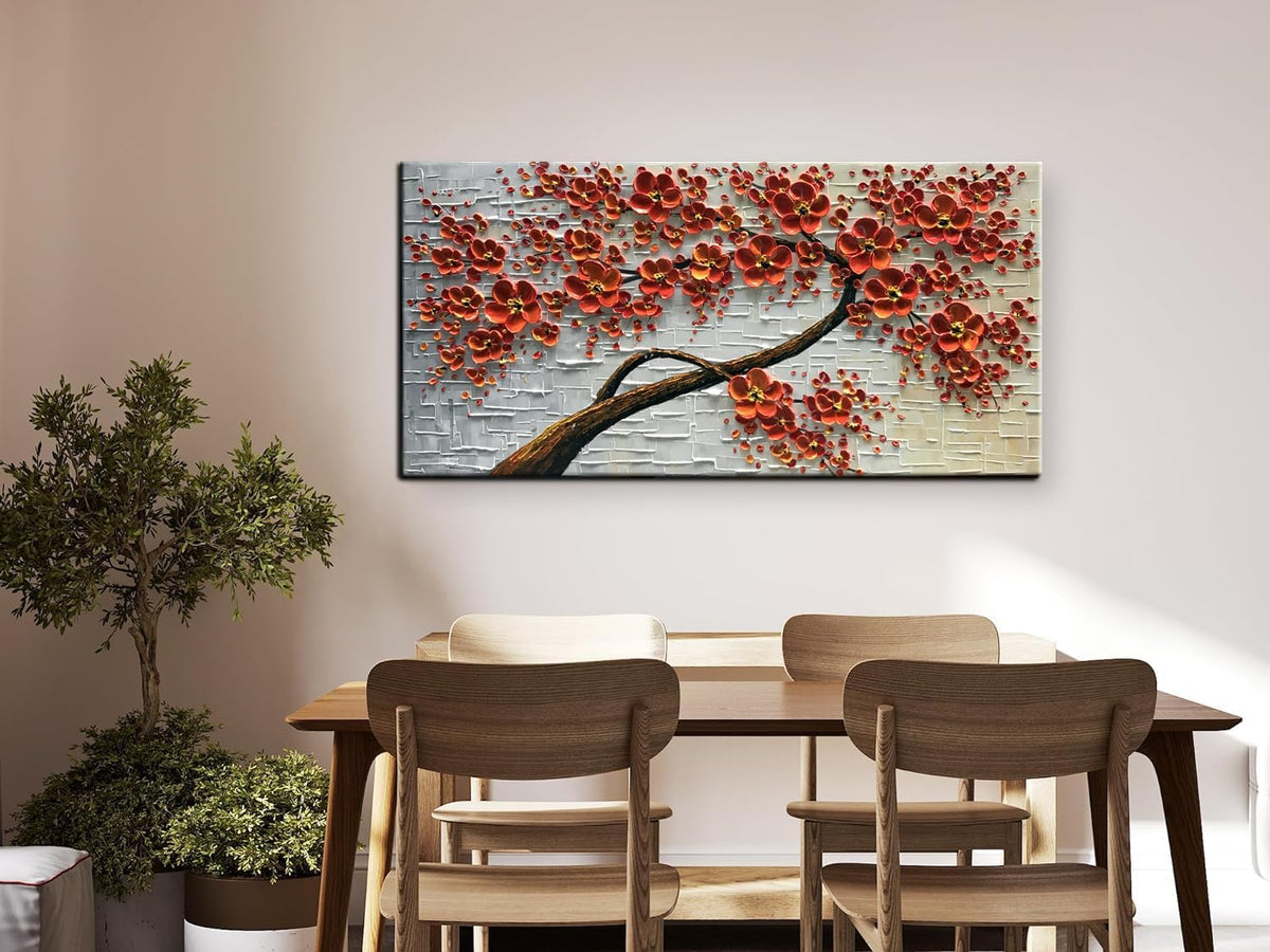 - 48X24Inch Canvas Wall Art, Hand Painted Oil Painting ,Abstract 3D Texture Wall Art Pictures, Red Floral Paintings, Modern Home Bedroom Wall Art Decor, Wall Art for Living Room, Large Framed Oil Painting.