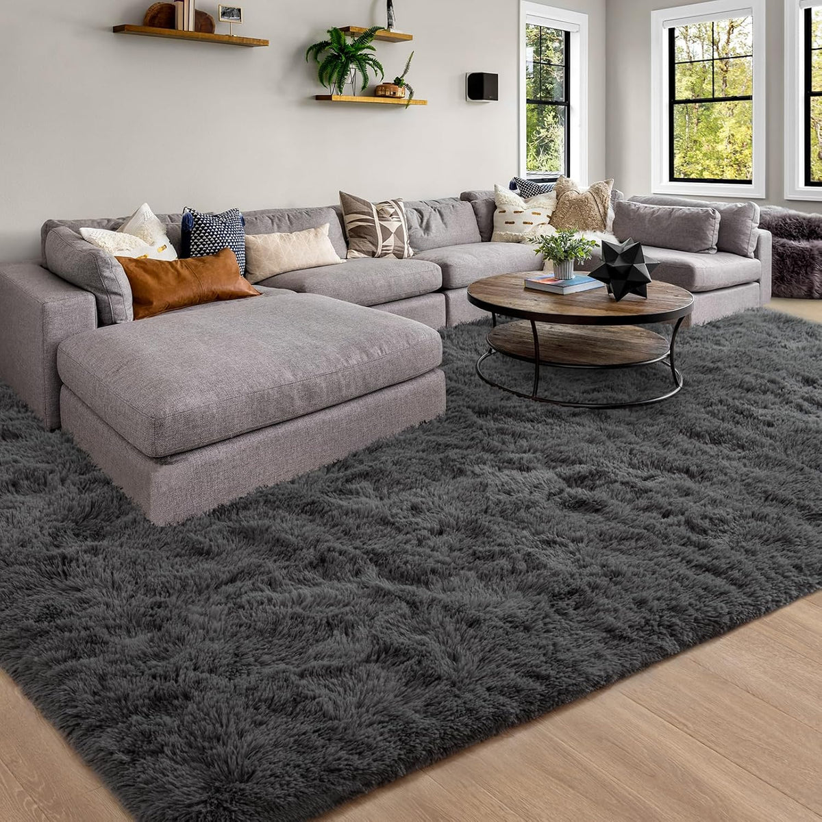 Soft Modern Indoor Large Shaggy Rug for Livingroom Bedroom Dorm Kids Room Home Decor, Non-Slip Plush Fluffy Furry Fur Area Rugs Comfy Nursery Accent Floor Carpet 9X12 Feet, Dark Grey